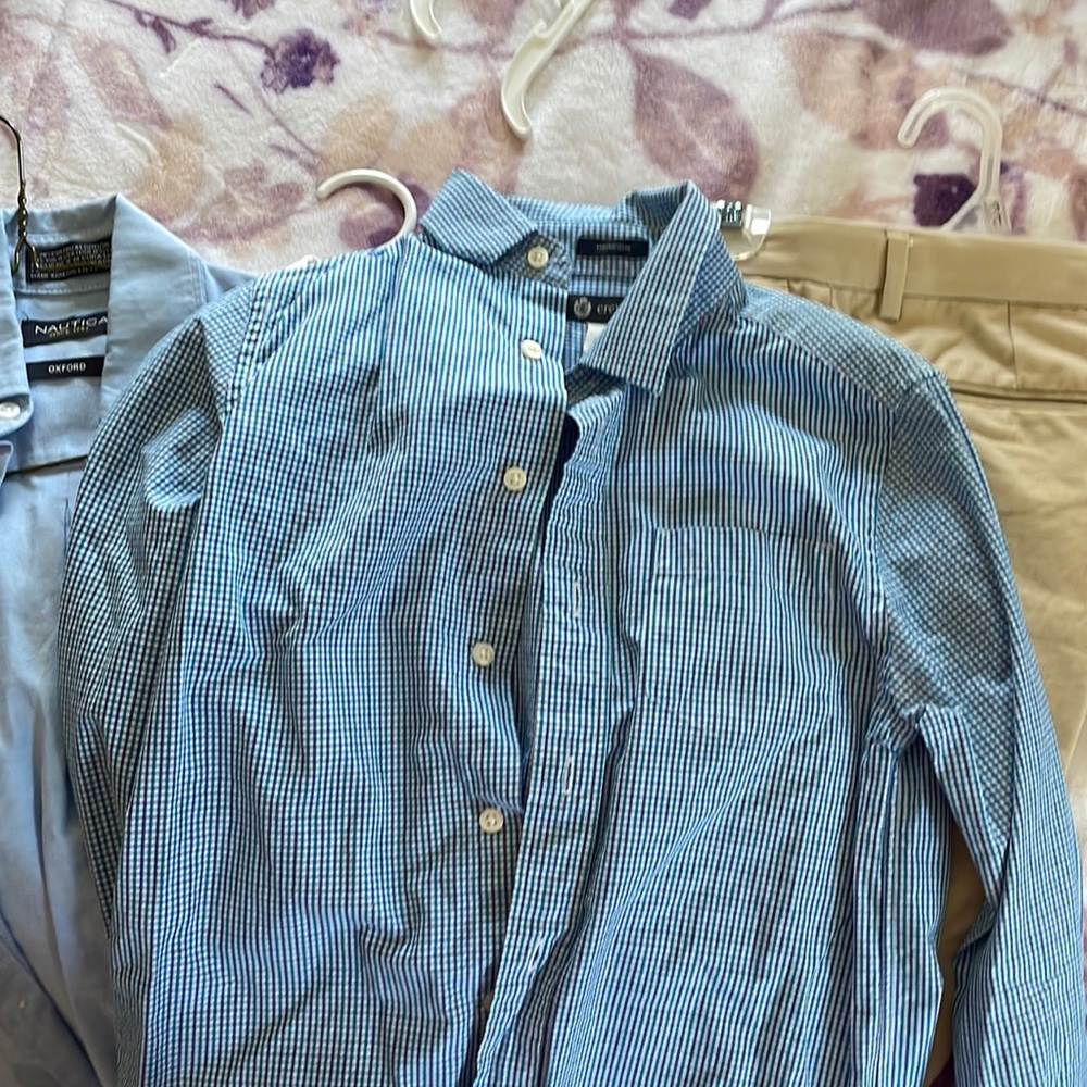 3 dress shirts with khaki pants. J. Crew and Nautica shirts and pants. Size 8.